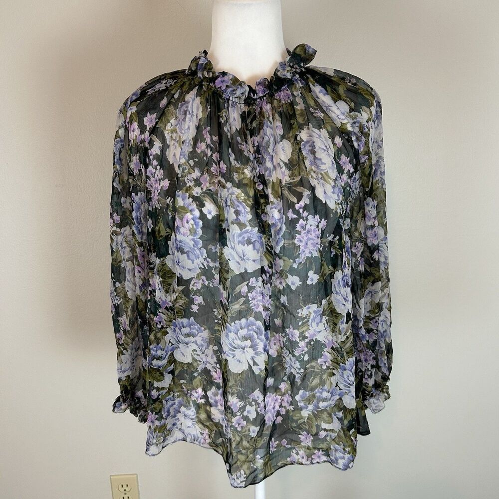 Christy Lynn M 100% Silk Blouse Top Floral Purple Long Sleeve Ruffle Neck Garden